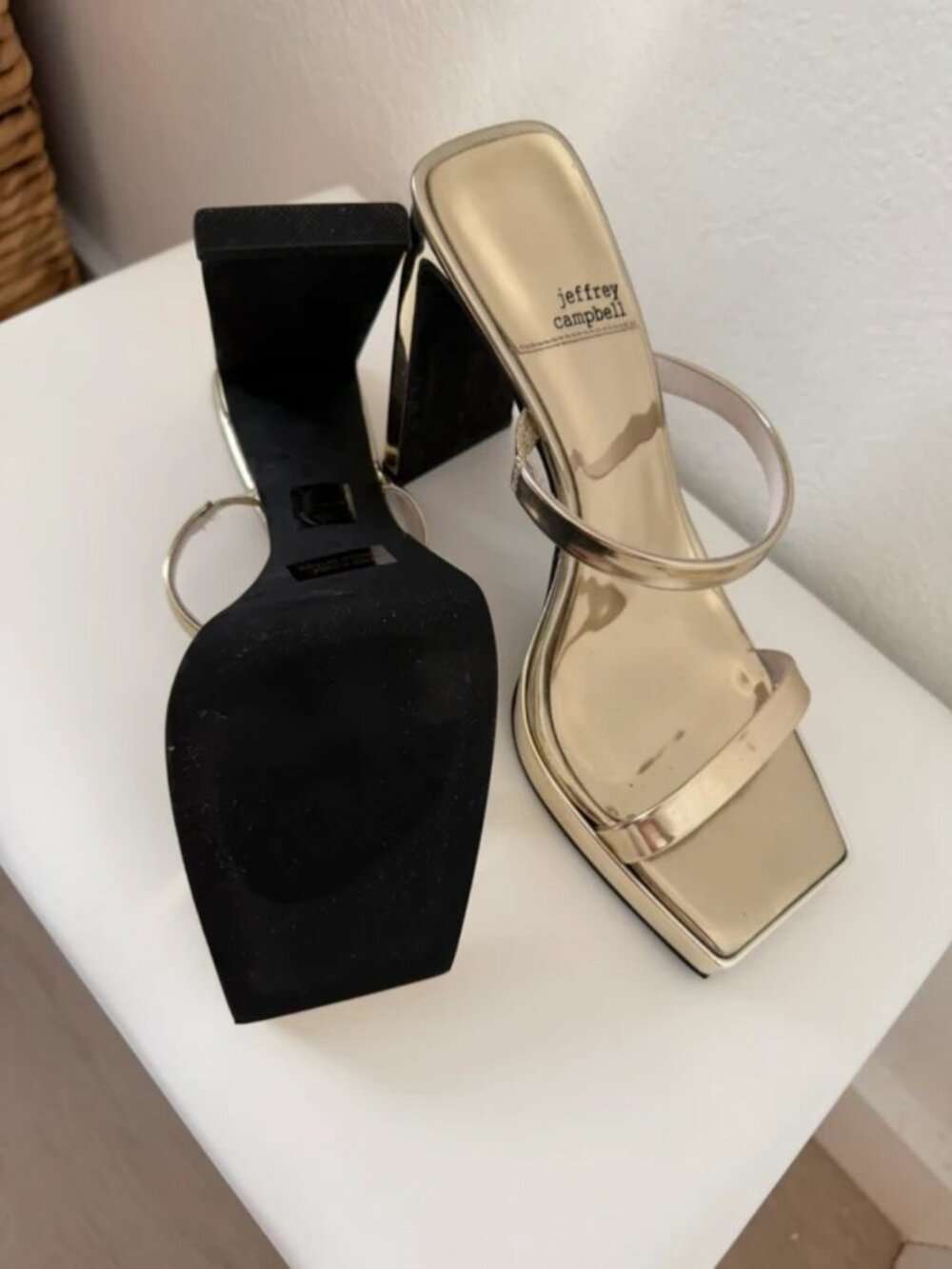 Jeffrey Campbell Metallic Gold Square-Toe High Heel Slides - Picture 4 of 4